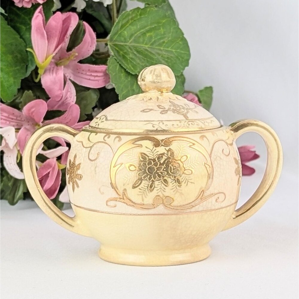 Antique 1920s Moriyama Porcelain Sugar Bowl w/Lid Dual Handle Mori-Machi Nippon